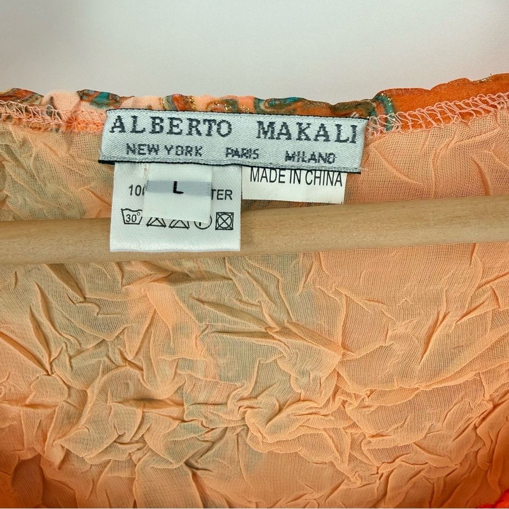 Alberto Makali Y2K Silk Look Orange Floral Crinkle Mesh Top Blouse Large L Boho - Picture 6 of 15